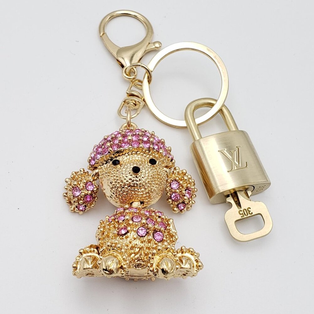 Authentic Louis Vuitton Gold Padlock & Key w/Unbranded Rhinestone Dog Keychain - Picture 3 of 8